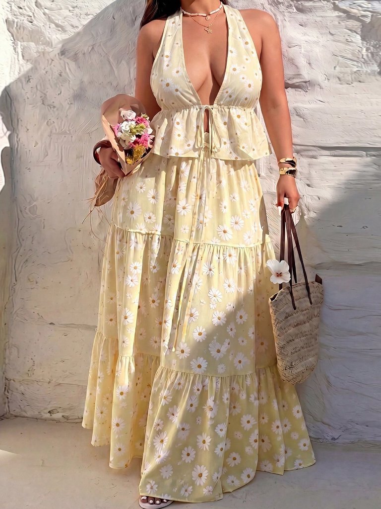 Yellow Boho Women's Sexy Halter Neck Top And Maxi Skirt 2-Piece Set